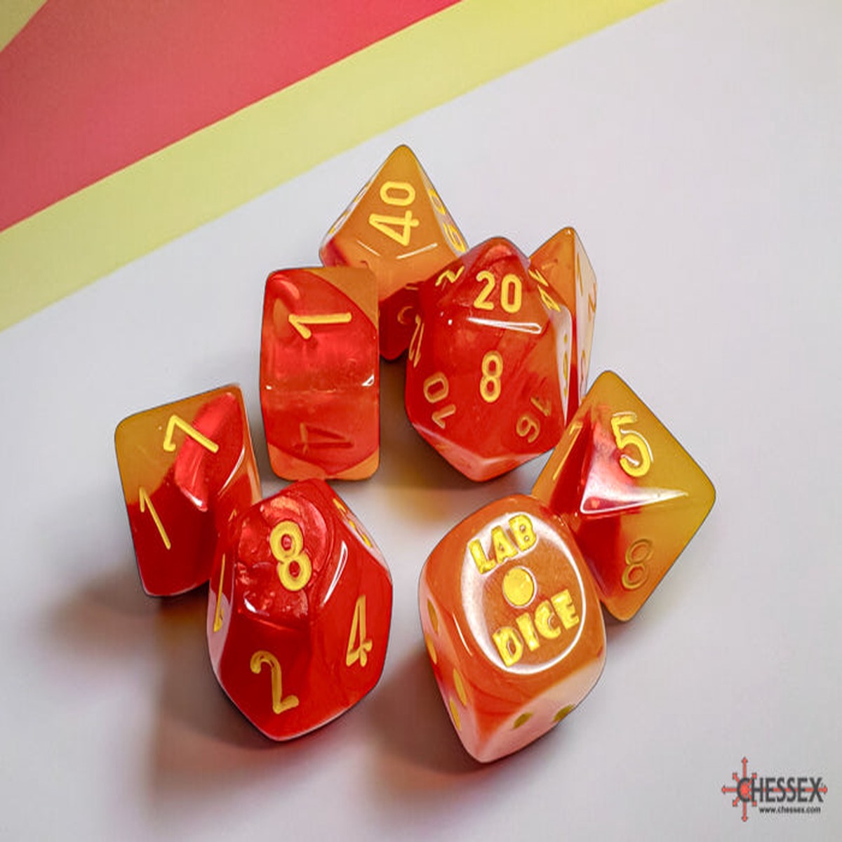 Chessex - Lab Dice 7 Piece - Gemini Gellow-Red/yellow Polyhedral Luminary (With Bonus Die)