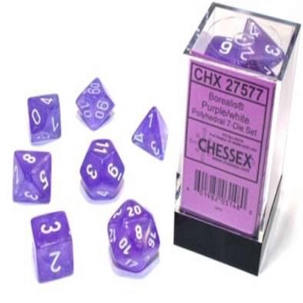 Chessex Borealis Luminary Purple/White 7ct Polyhedral Set (27577)