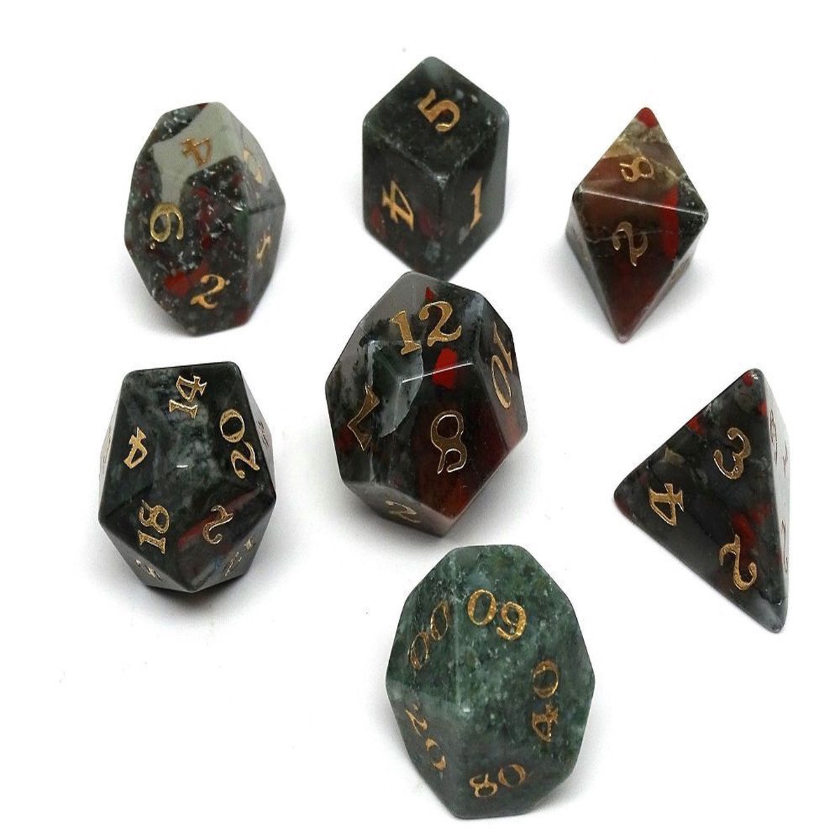 African Bloodstone Semi-Precious Gemstone 7ct Polyhedral Dice Set with Signature Font