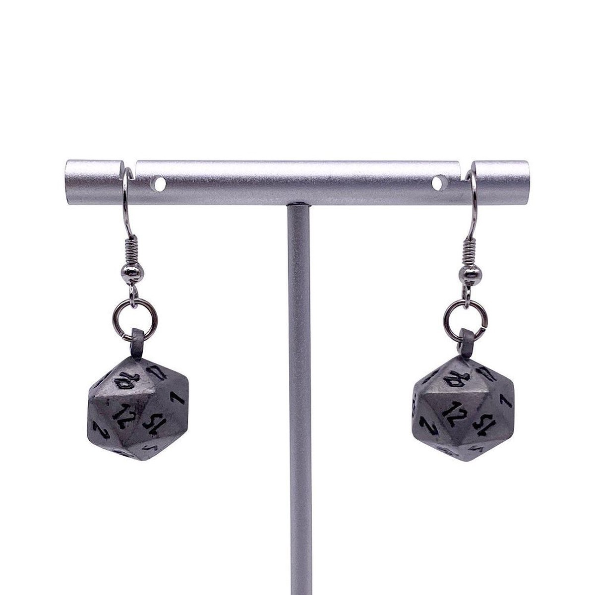 D20 Earrings Aged Mithril
