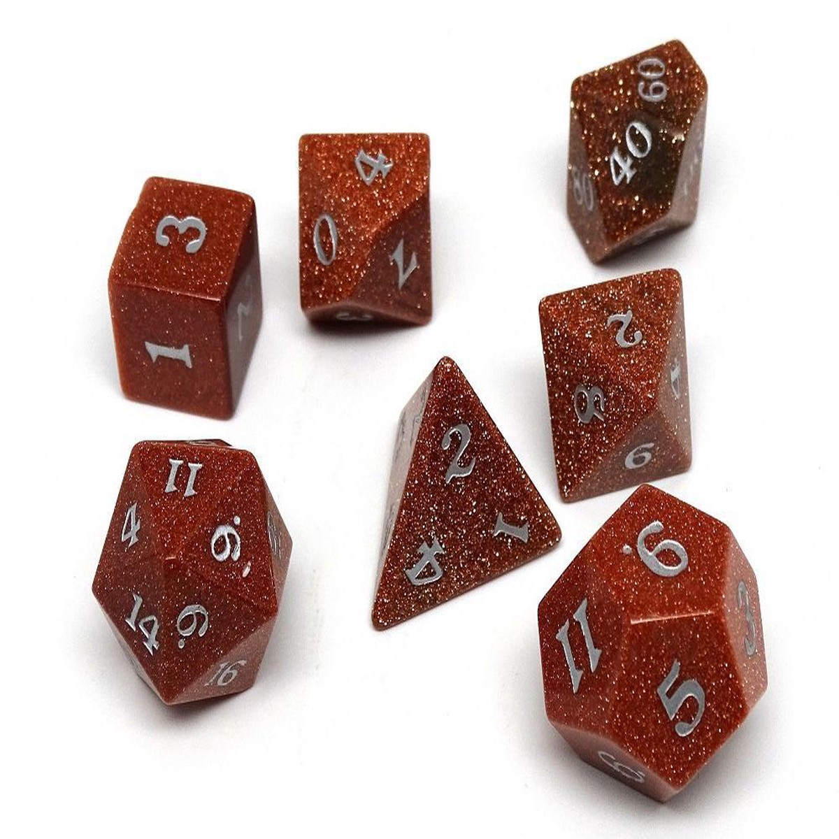 Goldstone Semi-Precious Gemstone 7ct Polyhedral Dice Set with Signature Font