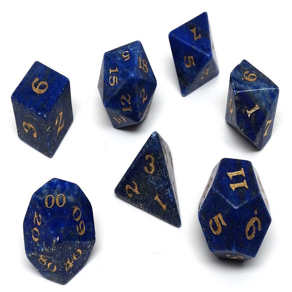 Lapis Semi-Precious Gemstone 7ct Polyhedral Dice Set with Gold Signature Font