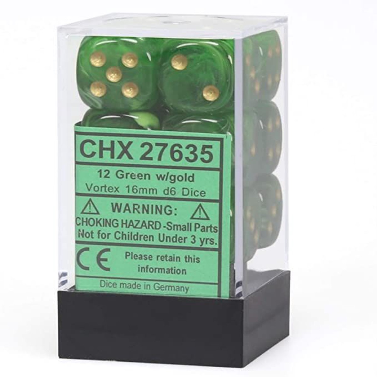 Chessex 16mm Vortex Green/Gold 12ct D6 Set (27635)