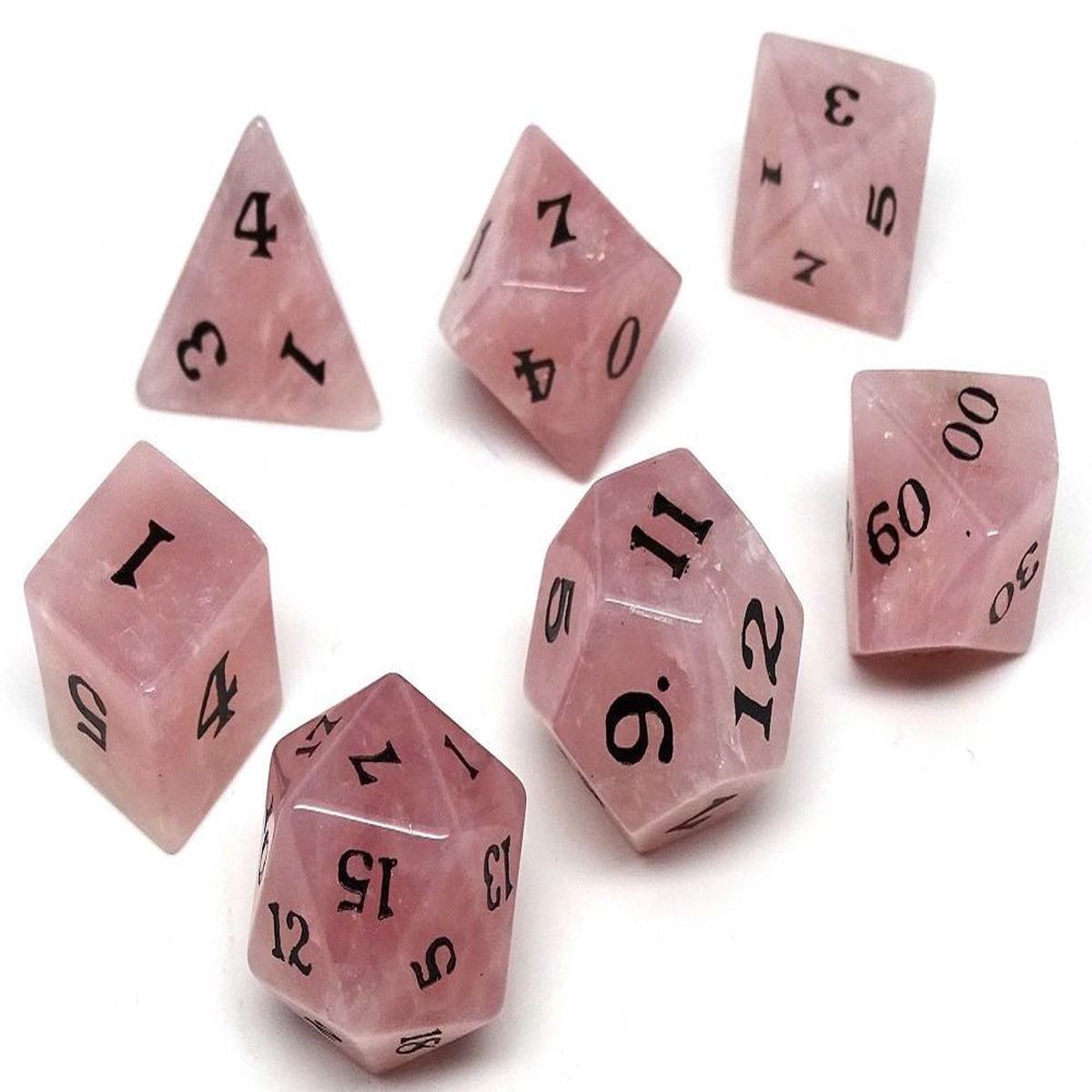Rose Quartz Semi-Precious Gemstone 7ct Polyhedral Dice Set with Signature Font