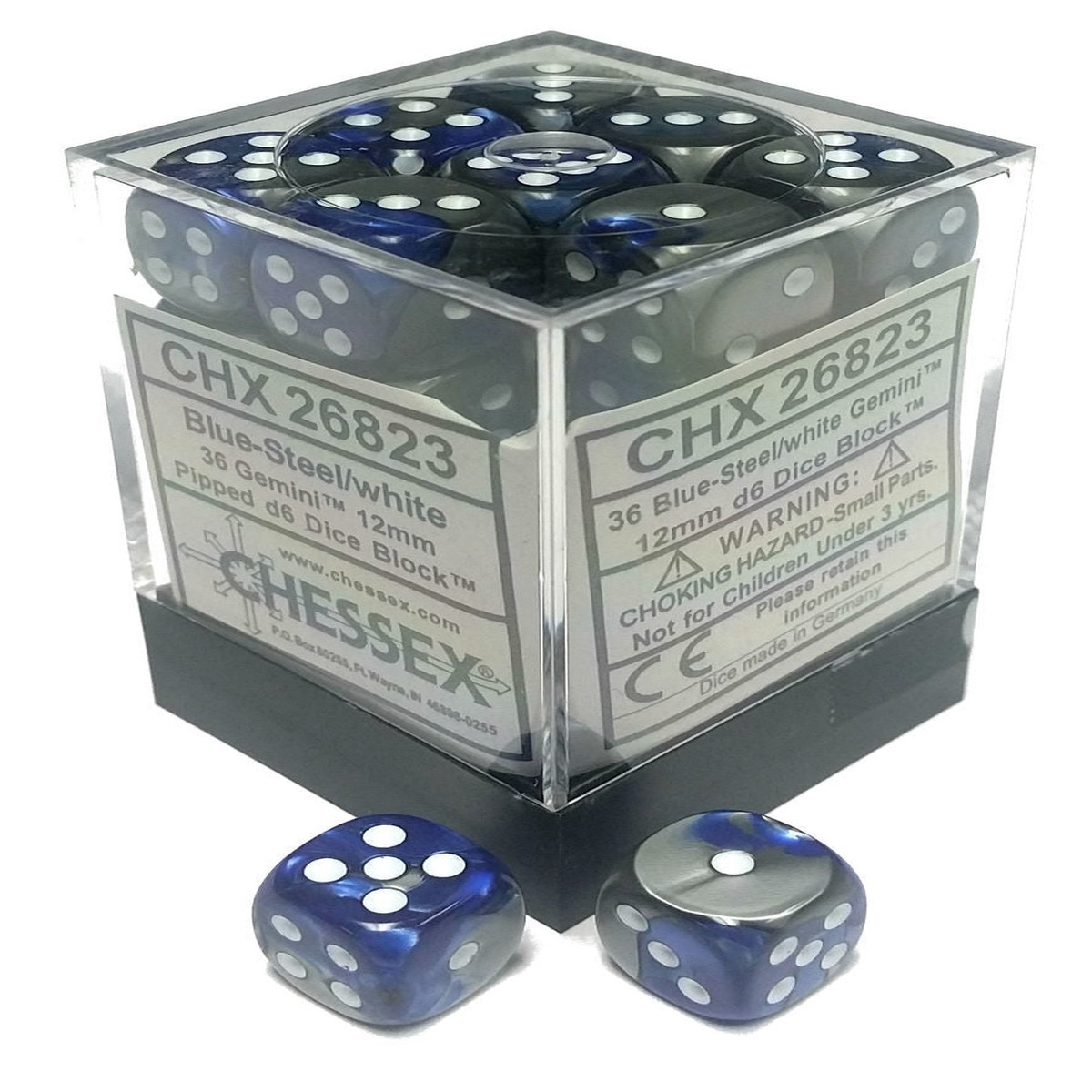 Chessex 12mm Gemini Blue Steel/White 36ct D6 Set (26823)