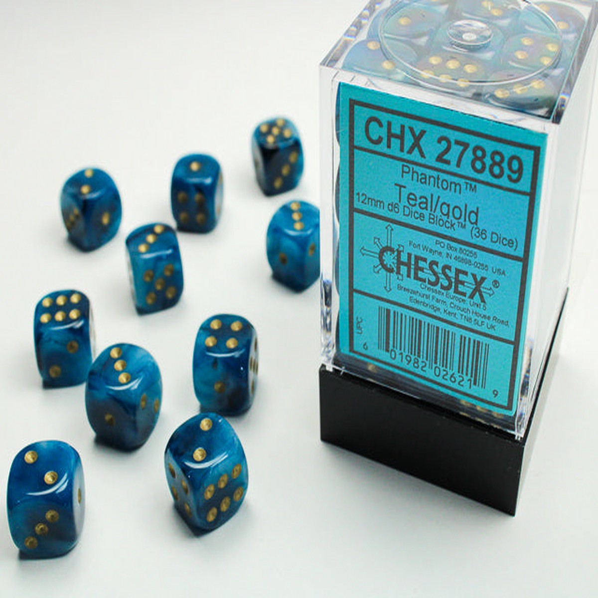 Chessex 12mm Phantom Teal/Gold 36ct D6 Set (27889)
