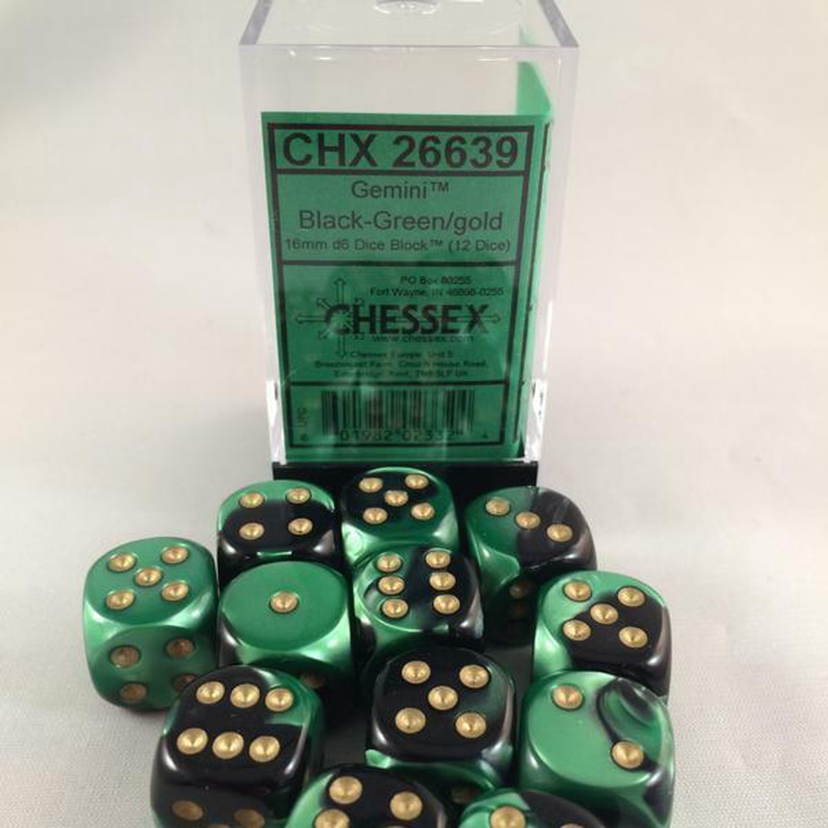 Chessex 16mm Gemini Black Green/Gold 12ct D6 Set (26639)