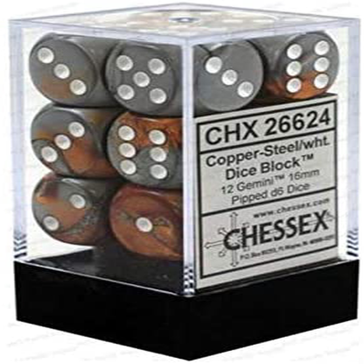 Chessex 16mm Gemini Copper-Steel/White 12ct D6 Set (26624)