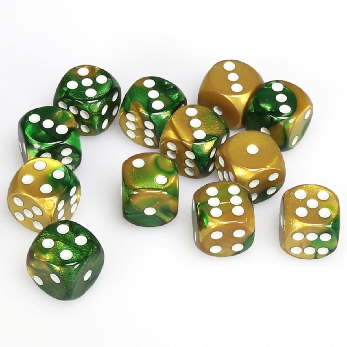 Chessex 16mm Gemini Gold-Green/White 12ct D6 Set (26625)