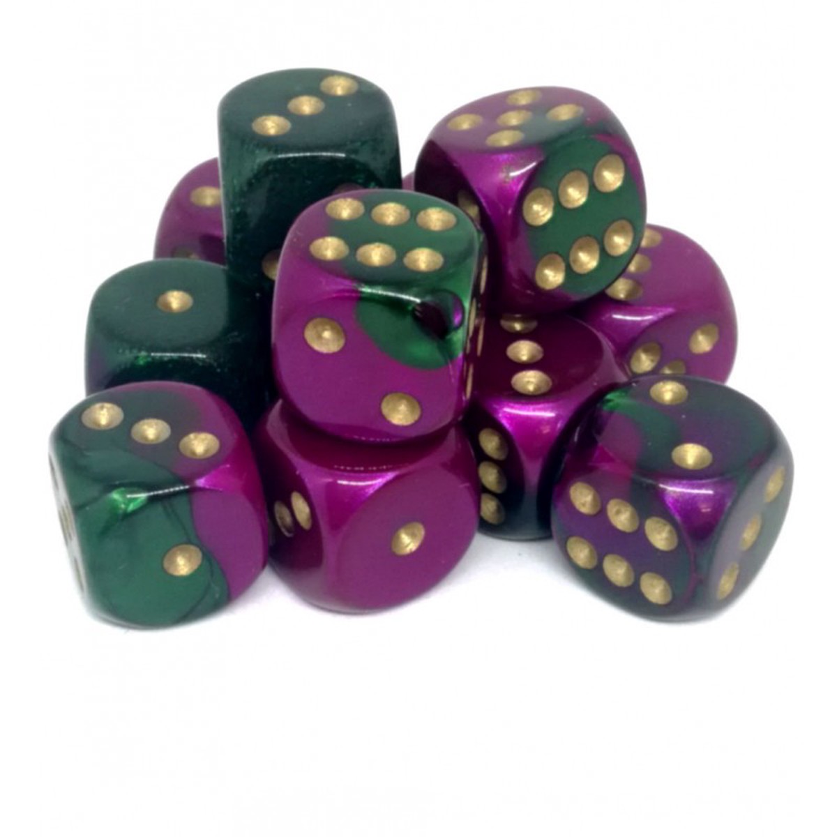 Chessex 16mm Gemini Green Purple/Gold 12ct D6 Set (26634)