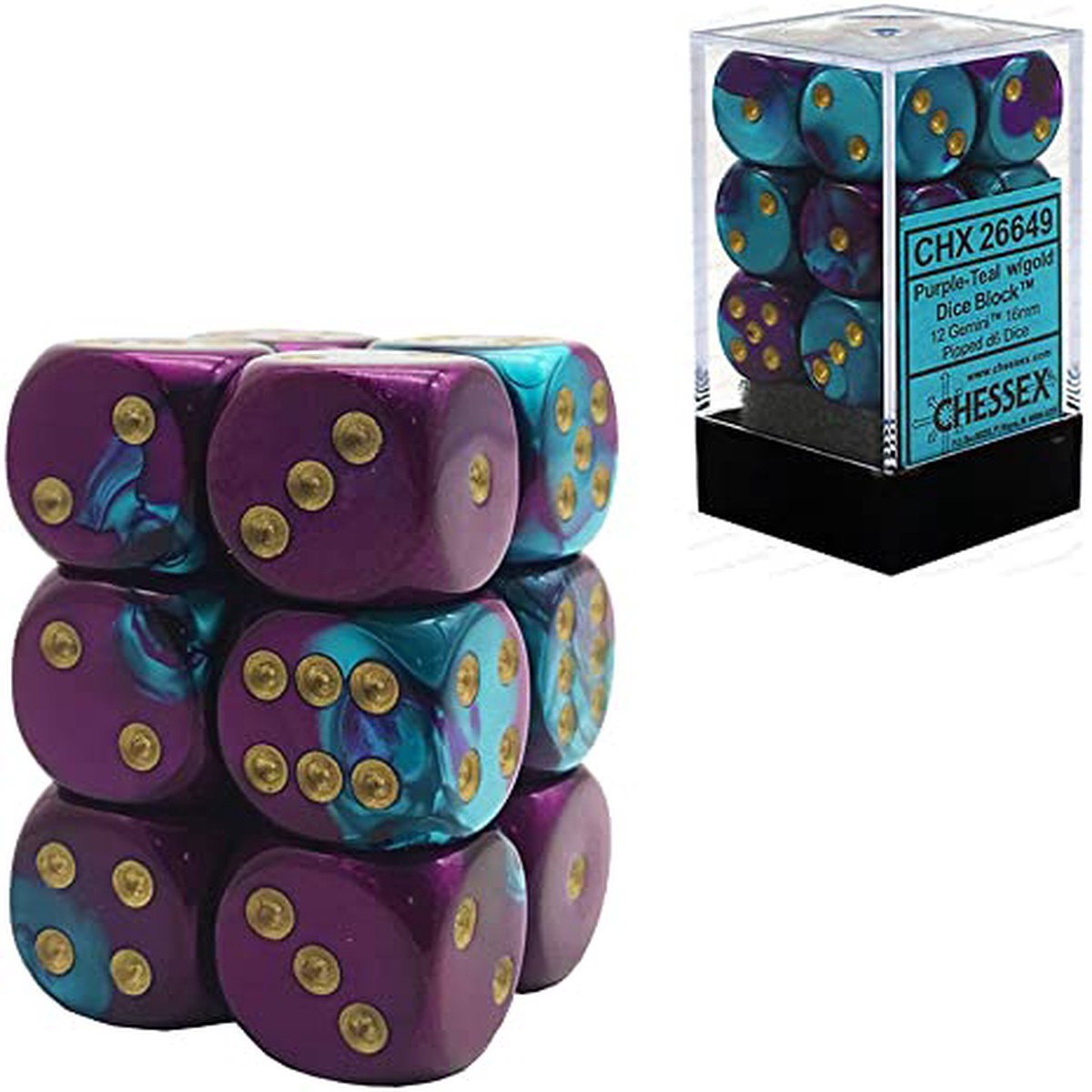 Chessex 16mm Gemini Purple Teal/Gold 12ct D6 Set (26649)