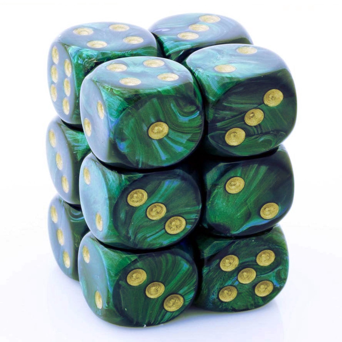 Chessex 16mm Scarab Jade/Gold 12ct D6 Set (27615)