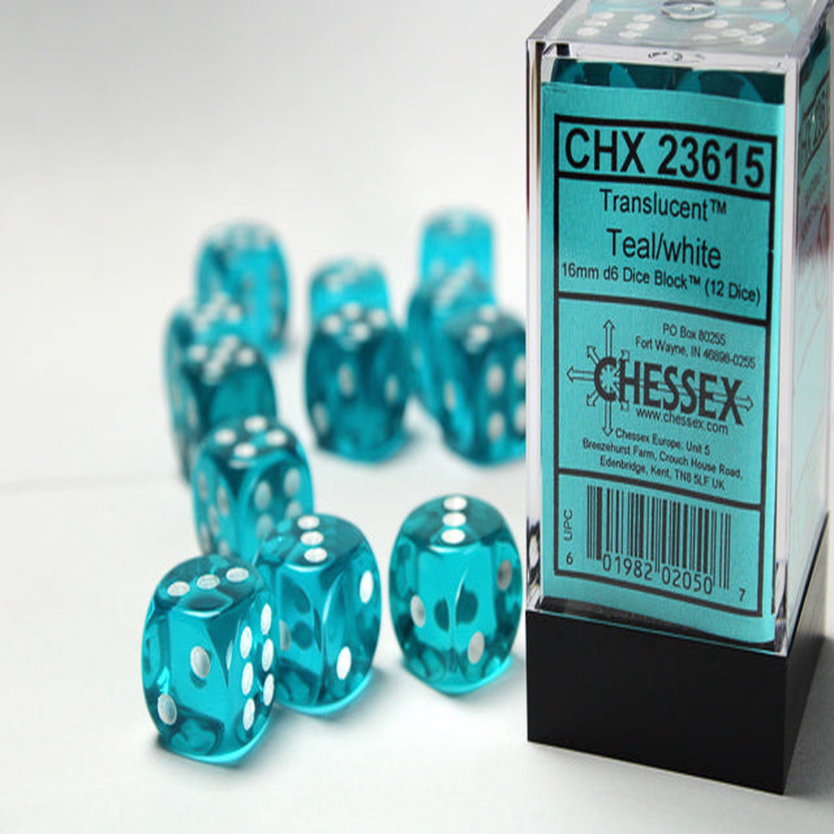 Chessex 16mm Translucent Teal/White 12ct D6 Set (23615)