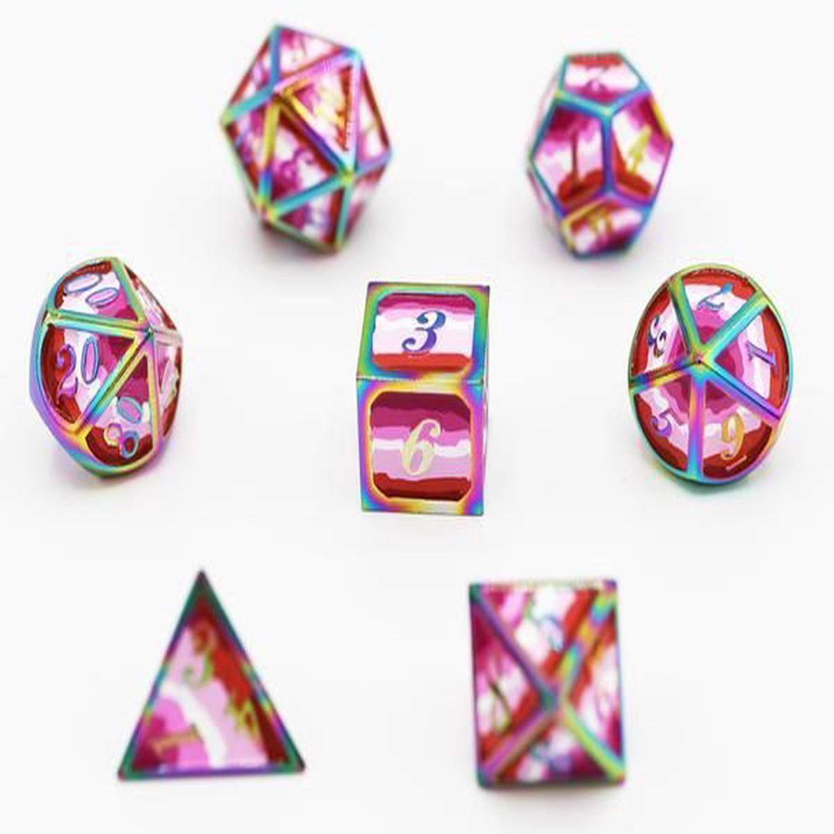 Dice for All 7pc Metal RPG Dice Set - Lesbian Pride Flag with Rainbow Metal