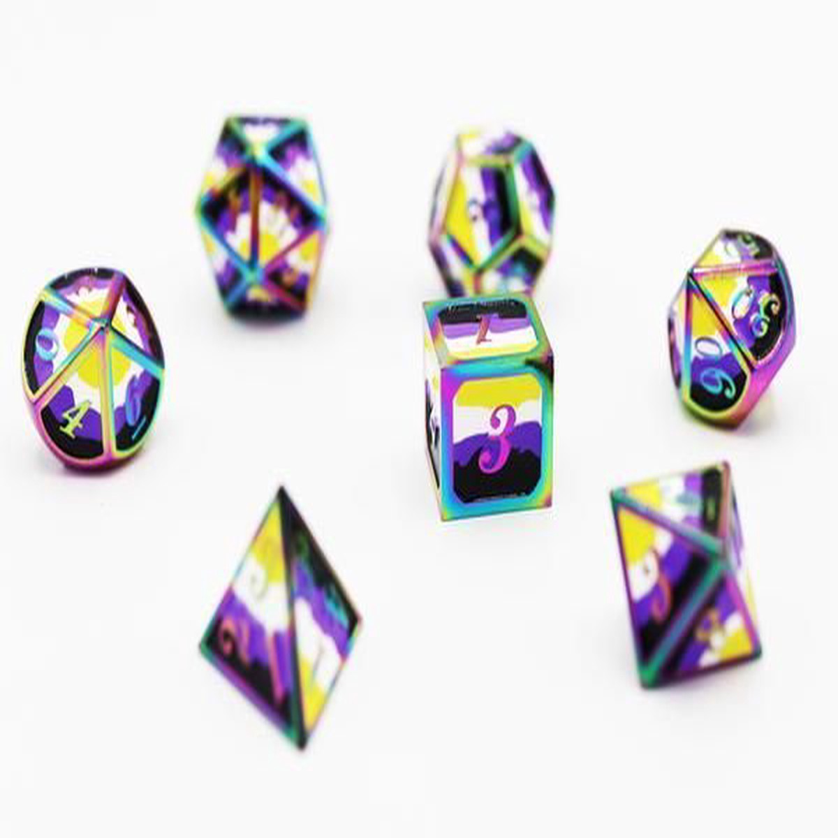 Dice for All 7pc Metal RPG Dice Set - Nonbinary Pride Flag with Rainbow Metal