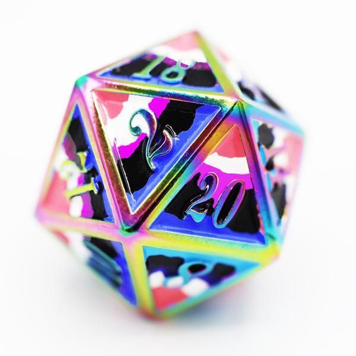 Dice for All Single Metal D20 - Genderfluid Pride Flag with Rainbow Metal