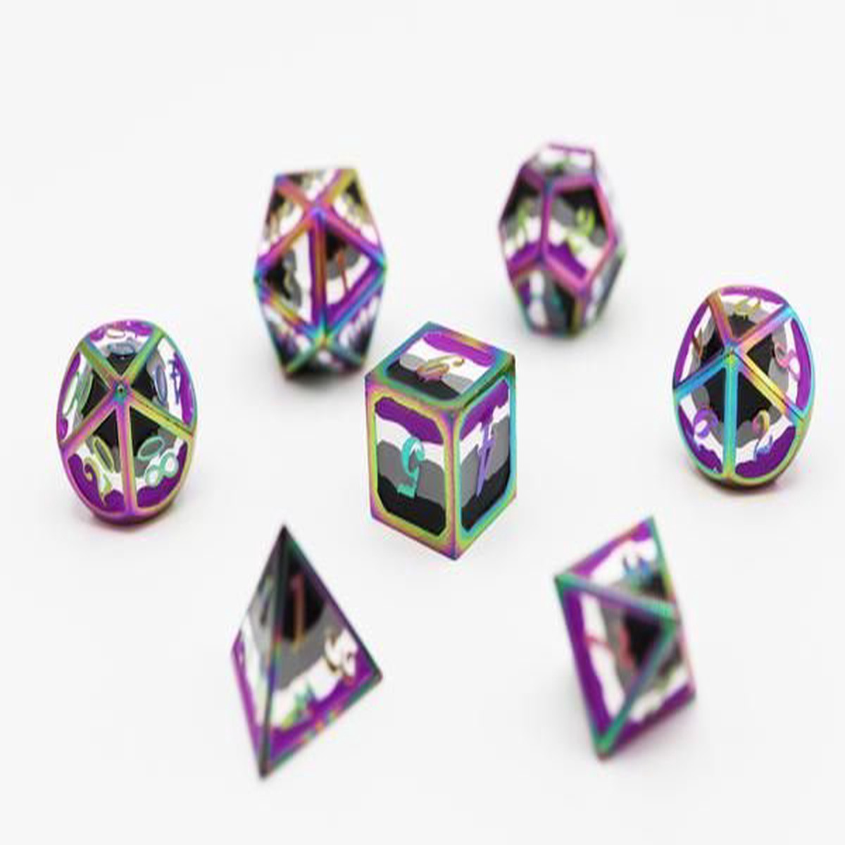 Dice for All 7pc Metal RPG Dice Set - Asexual Pride Flag with Rainbow Metal