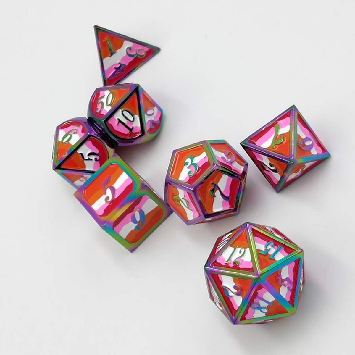 Dice for All 7pc Metal RPG Dice Set - Lesbian 2019 Community Pride Flag with Rainbow Metal
