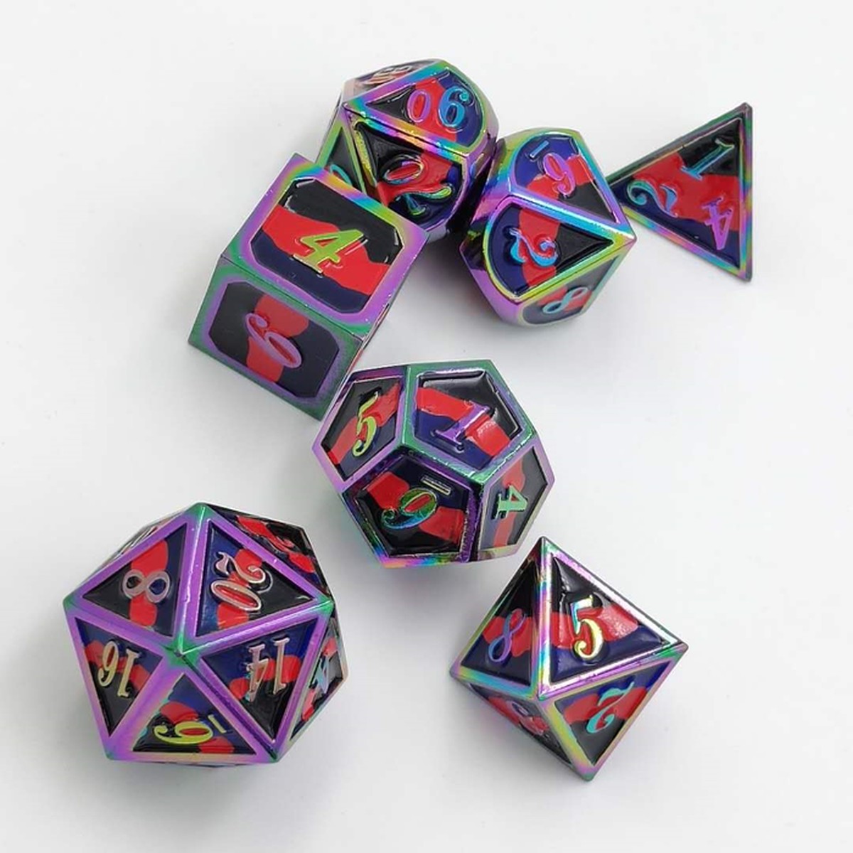 Dice for All 7pc Metal RPG Dice Set - Polyamorous Pride Flag with Rainbow Metal