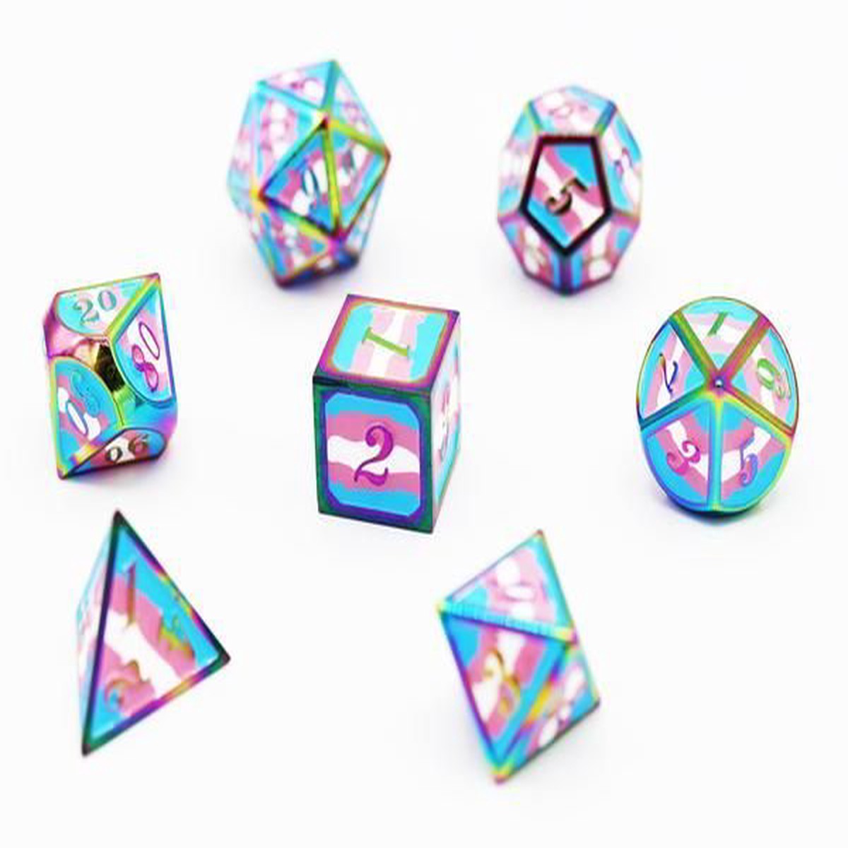 Dice for All 7pc Metal RPG Dice Set - Transgender Pride Flag with Rainbow Metal