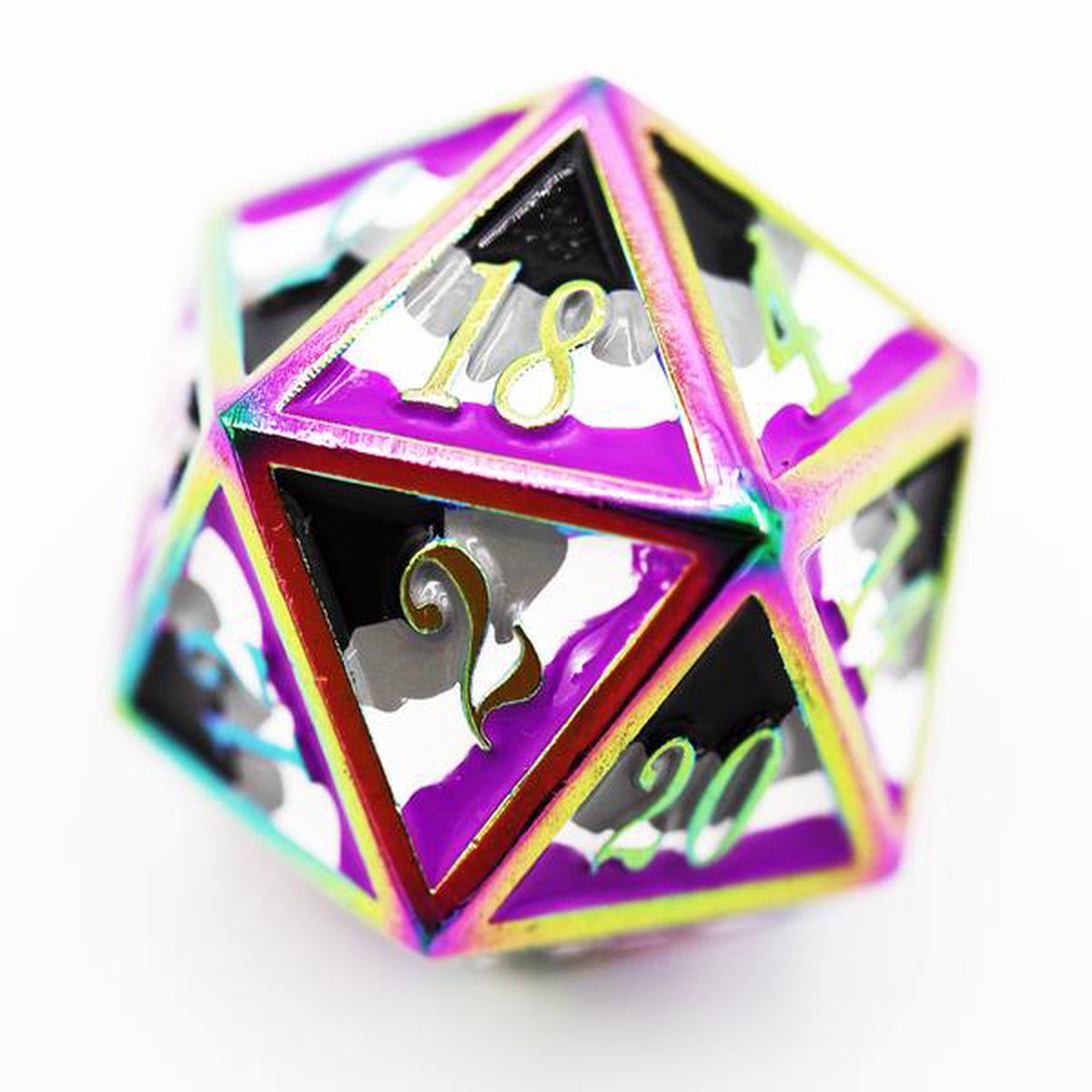 Dice for All Single Metal D20 - Asexual Pride Flag with Rainbow Metal