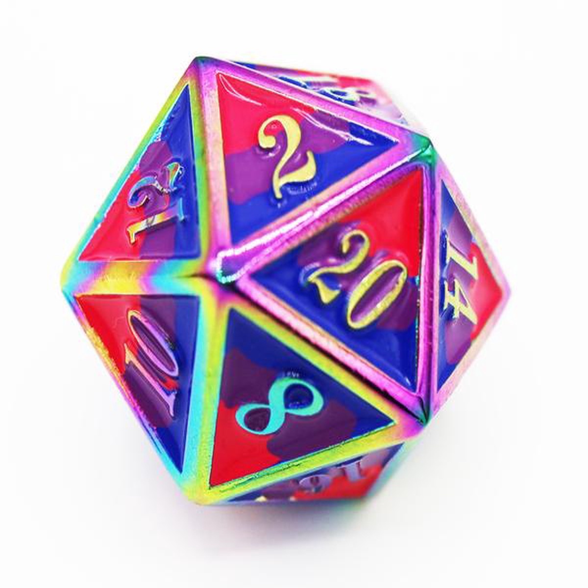 Dice for All Single Metal D20 - Bisexual Pride Flag with Rainbow Metal