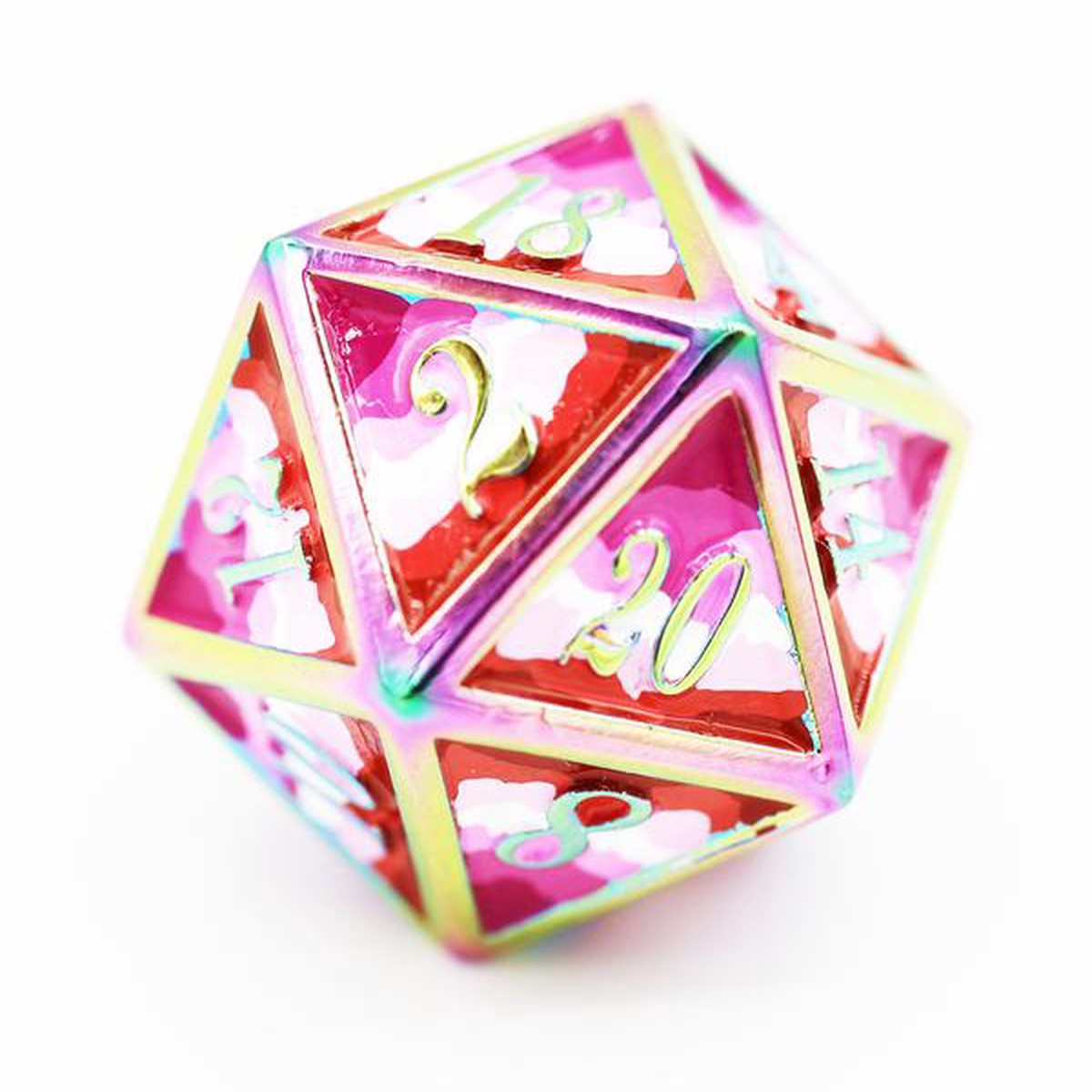 Dice for All Single Metal D20 - Lesbian Pride Flag with Rainbow Metal