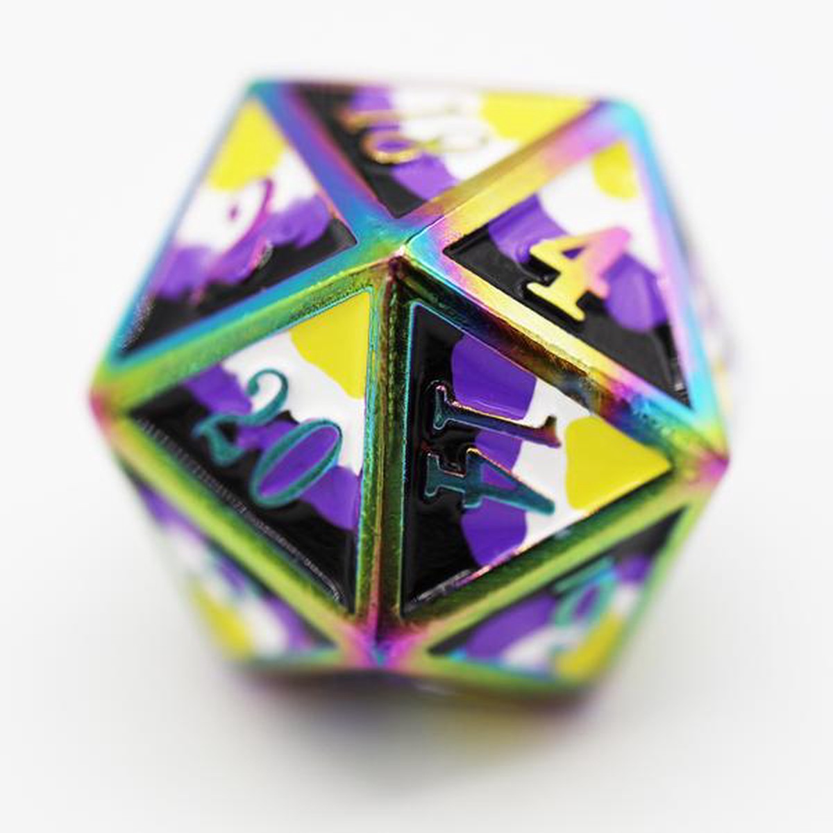 Dice for All Single Metal D20 - Nonbinary Pride Flag with Rainbow Metal