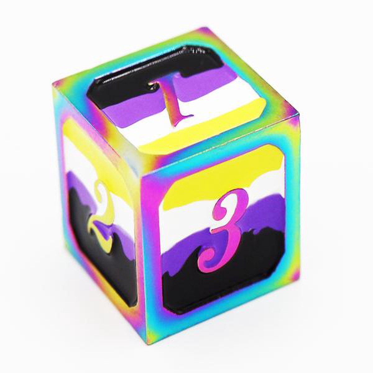Dice for All Single Metal D6 - Nonbinary Pride Flag with Rainbow Metal