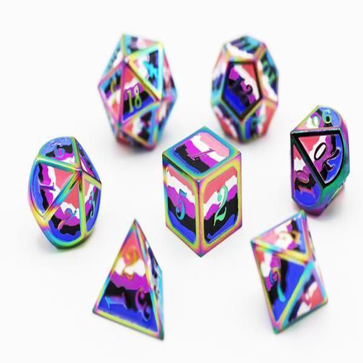 Dice for All 7pc Metal RPG Dice Set - Gender Fluid Pride Flag with Rainbow Metal