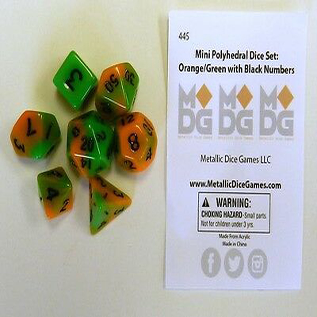 Metallic Dice Games Mini Orange-Green/Black 7ct Polyhedral Dice Set