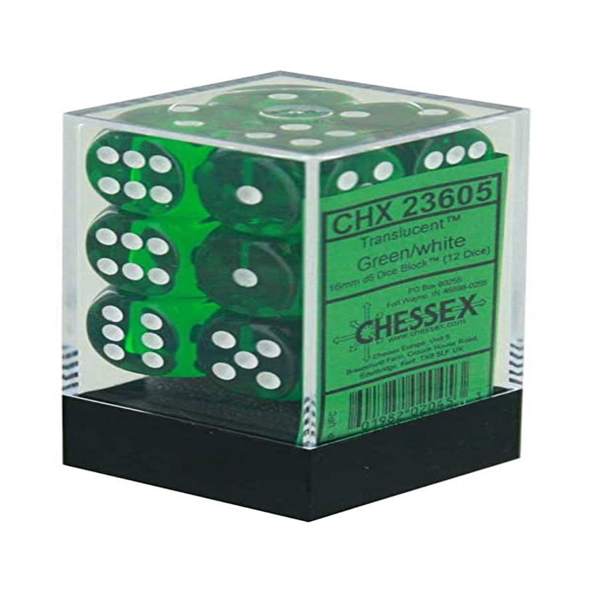 Chessex 16mm Translucent Green/White 12ct D6 Set (23605)