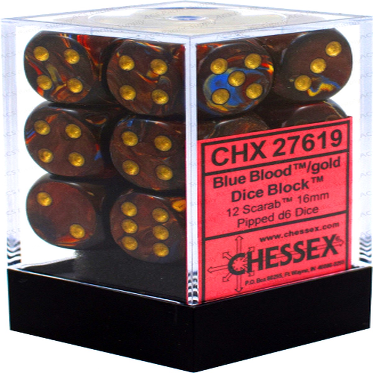 Chessex 16mm Scarab Blue Blood/Gold 12ct D6 Set (27619)