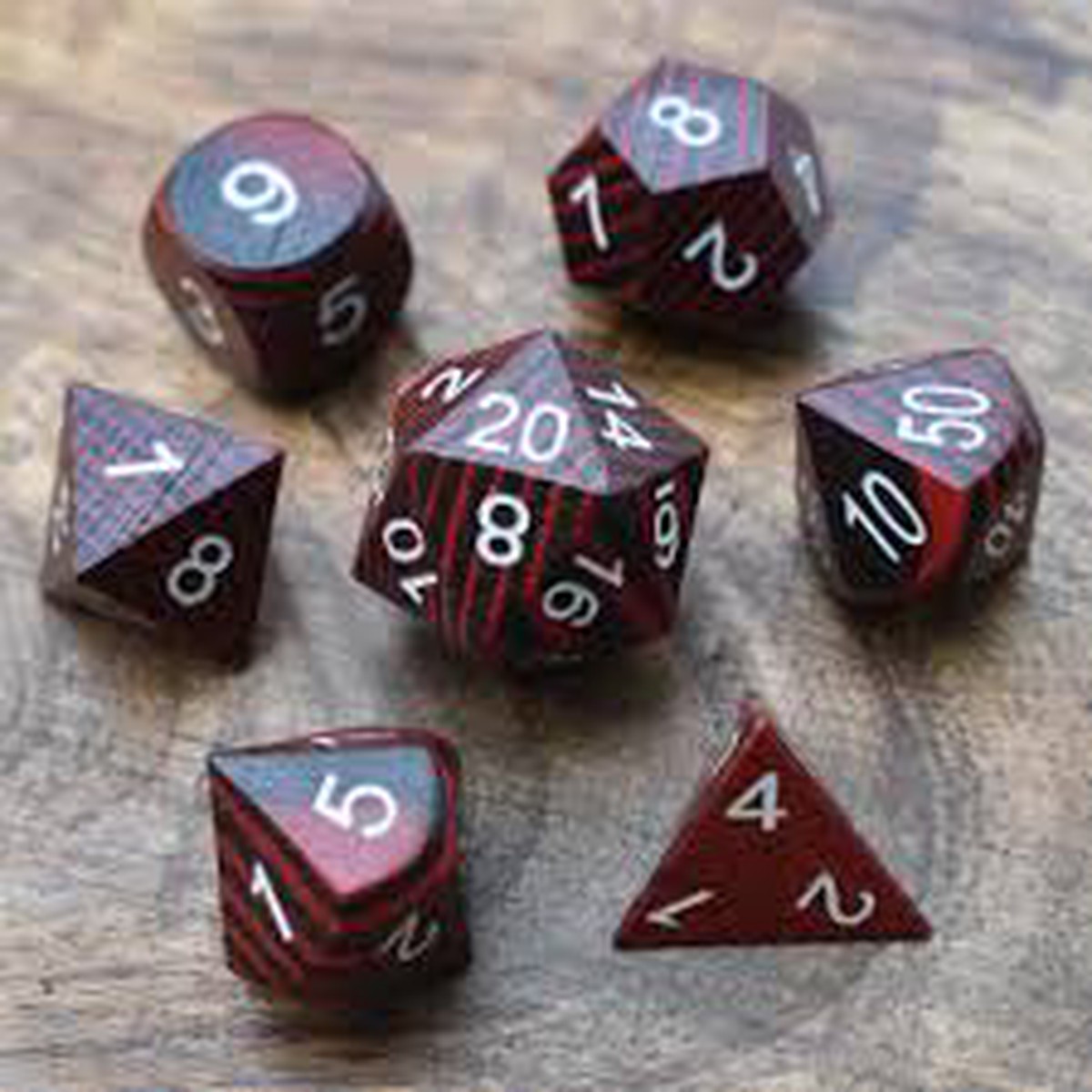 Wooden Red and Black Technical 7ct Polyhedral Dice Set