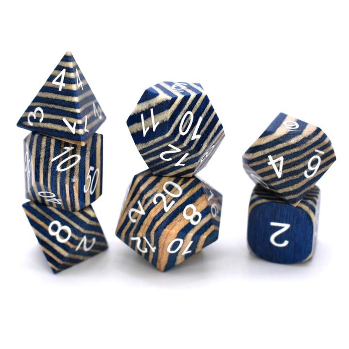 Wooden Yellow and Blue Technical 7ct Polyhedral Dice Set