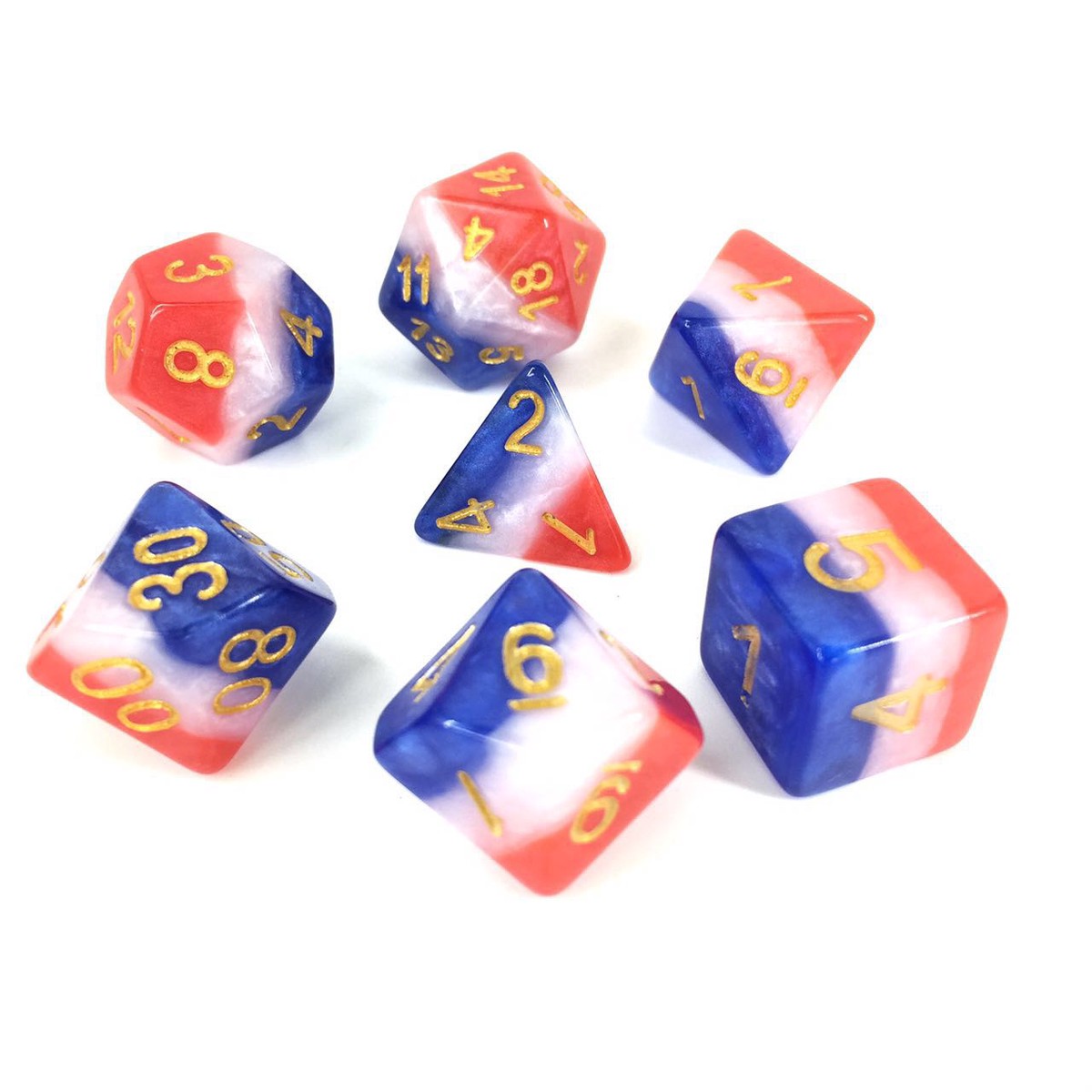 HD Dice Layered Red White and Blue 7ct Polyhedral Dice Set