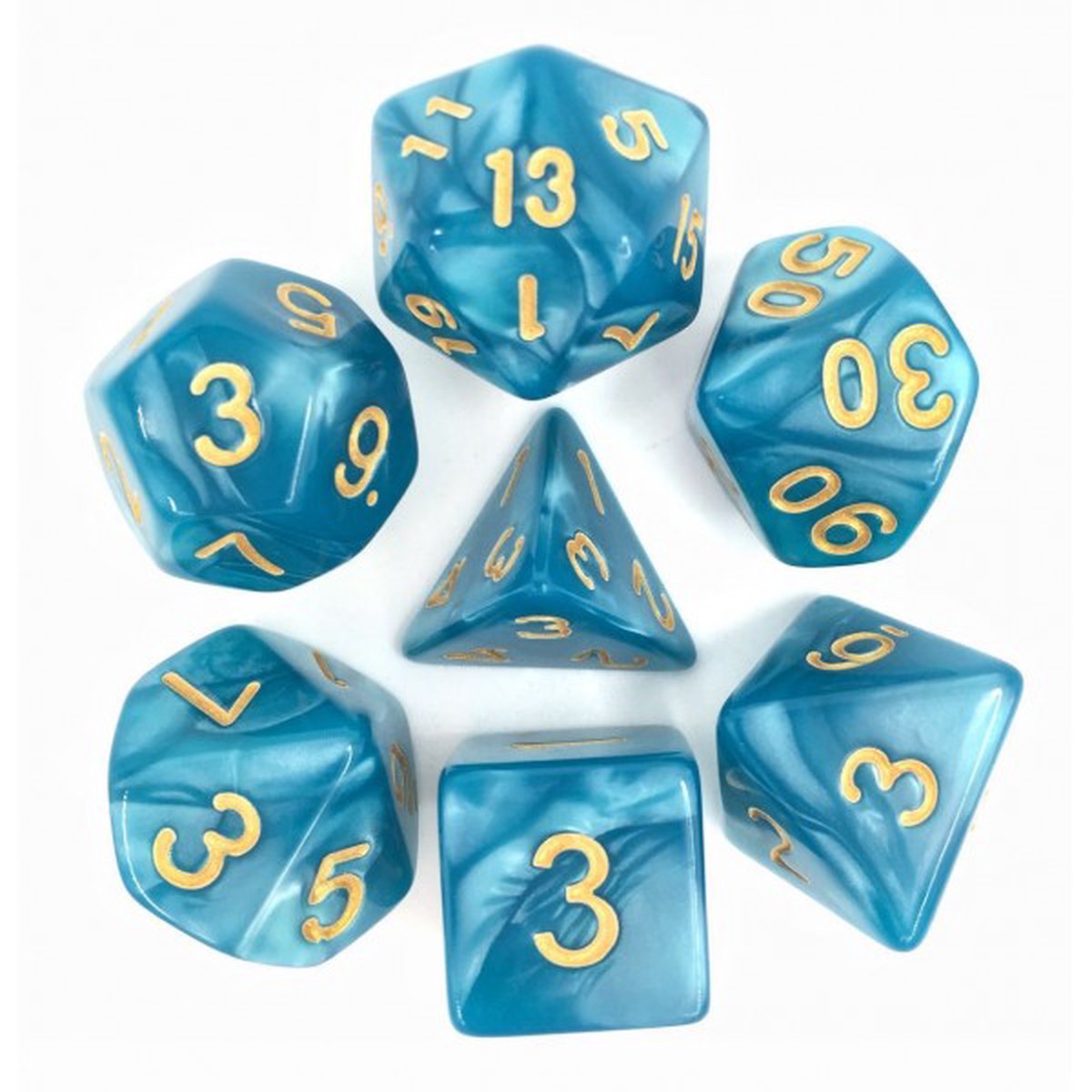 HD Dice Pearl Lake Blue with Gold 7ct Polyhedral Dice Set