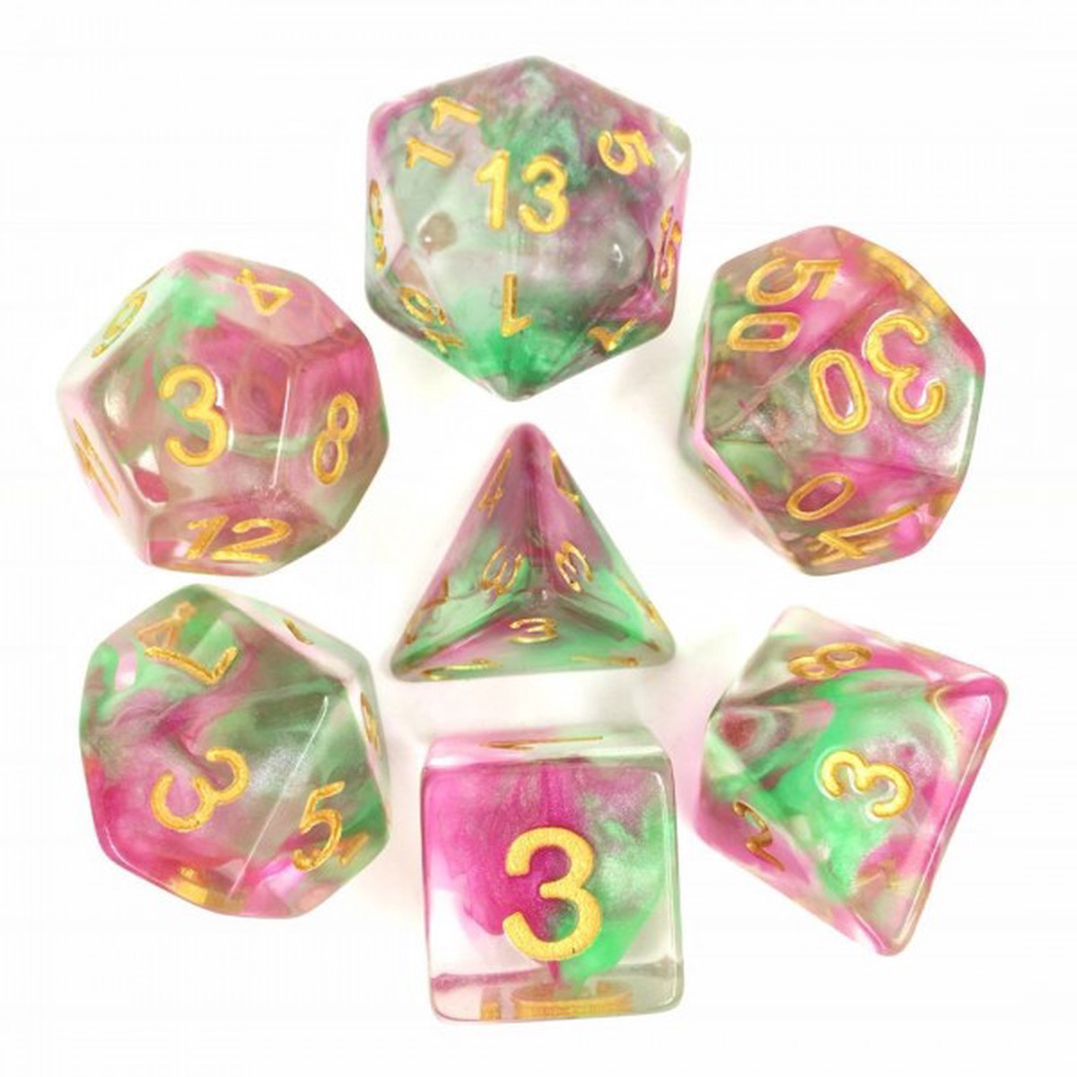HD Dice Pearl Swirl Rose Red/Green 7ct Polyhedral Dice Set