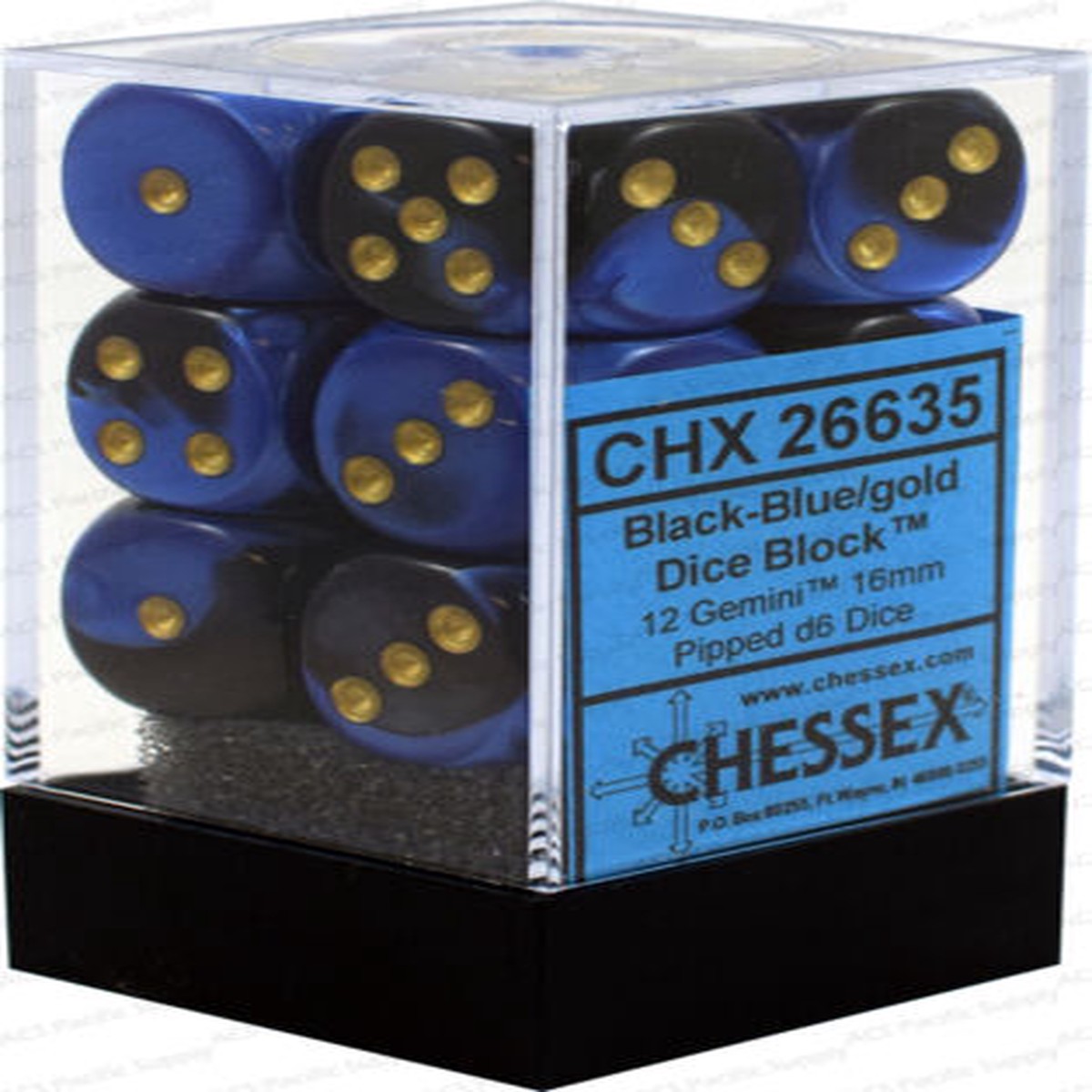 Chessex 16mm Gemini Black-Blue/Gold 12ct D6 Set (26635)