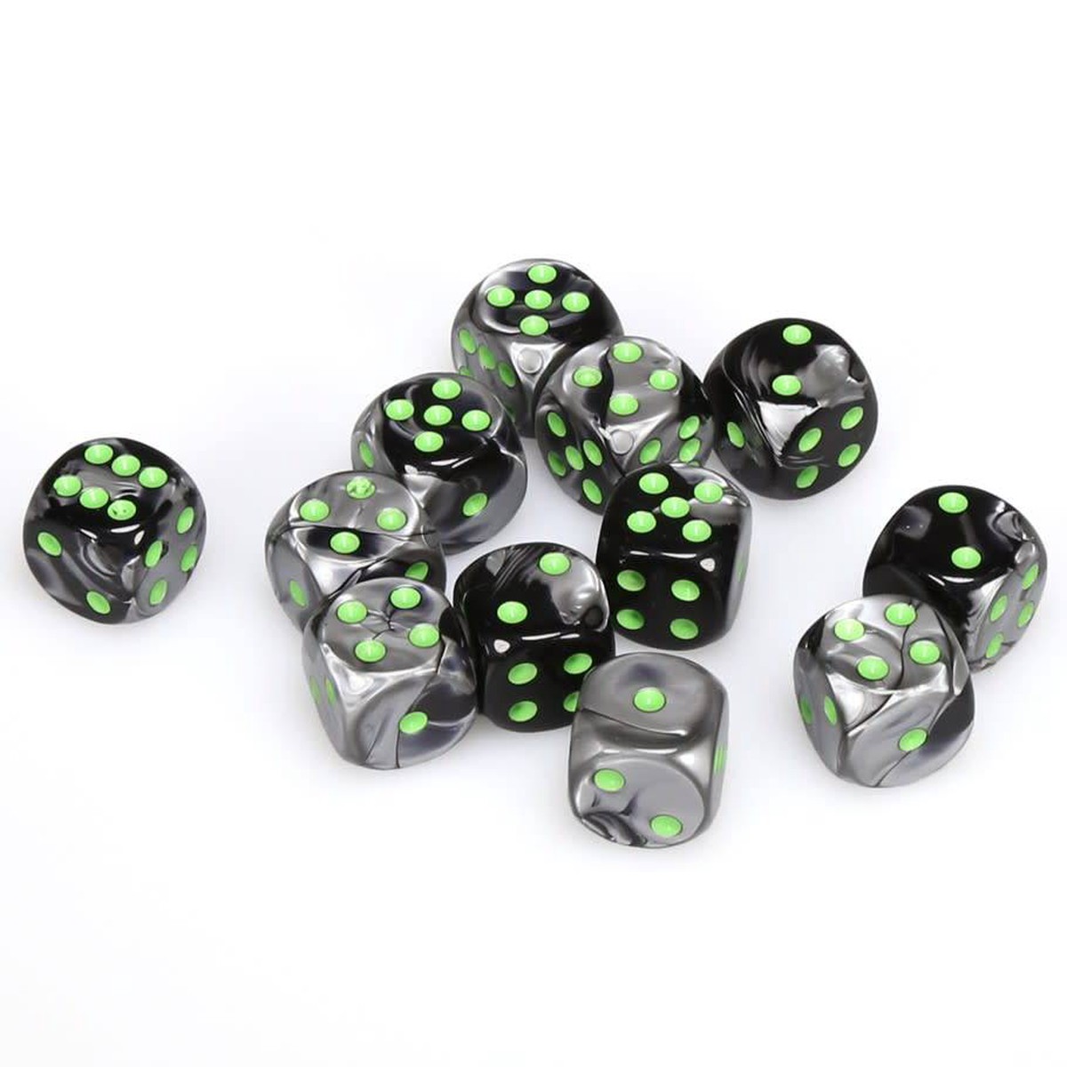 Chessex 16mm Gemini Black-Grey/Green 12ct D6 Set (26645)