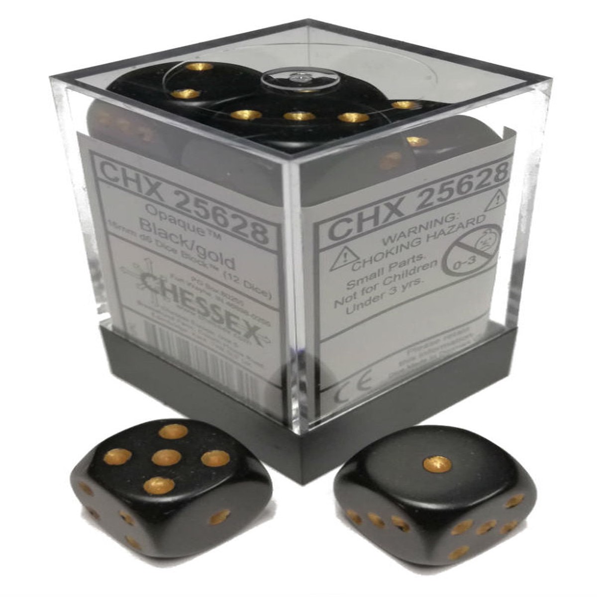 Chessex 16mm Opaque Black/Gold 12ct D6 Set (25628)