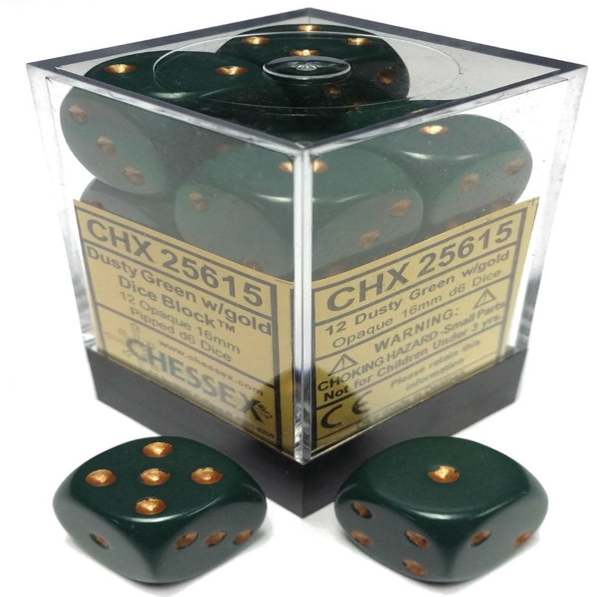 Chessex 16mm Opaque Dusty Green/Gold 12ct D6 Set (25615)