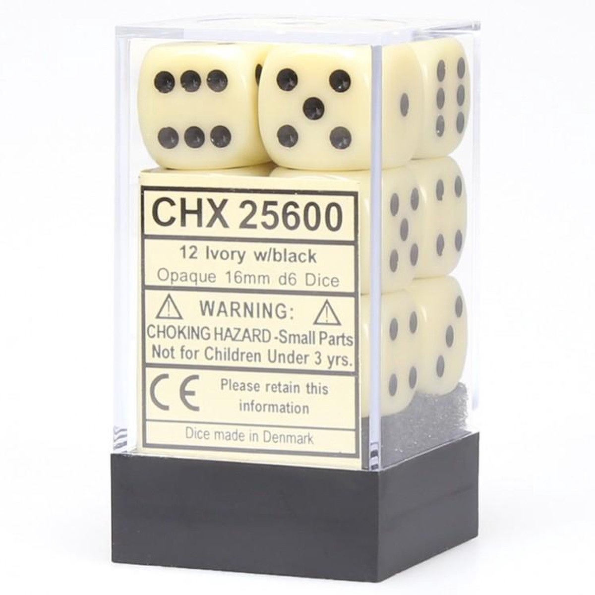 Chessex 16mm Opaque Ivory/Black 12ct D6 Set (25600)