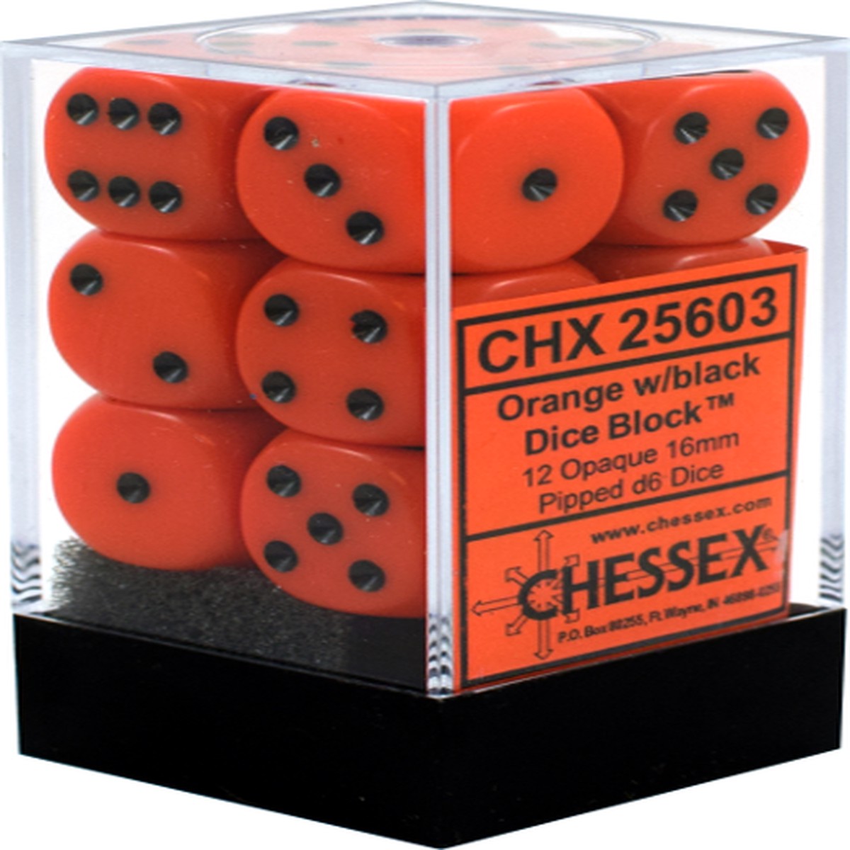 Chessex 16mm Opaque Orange/Black 12ct D6 Set (25603)