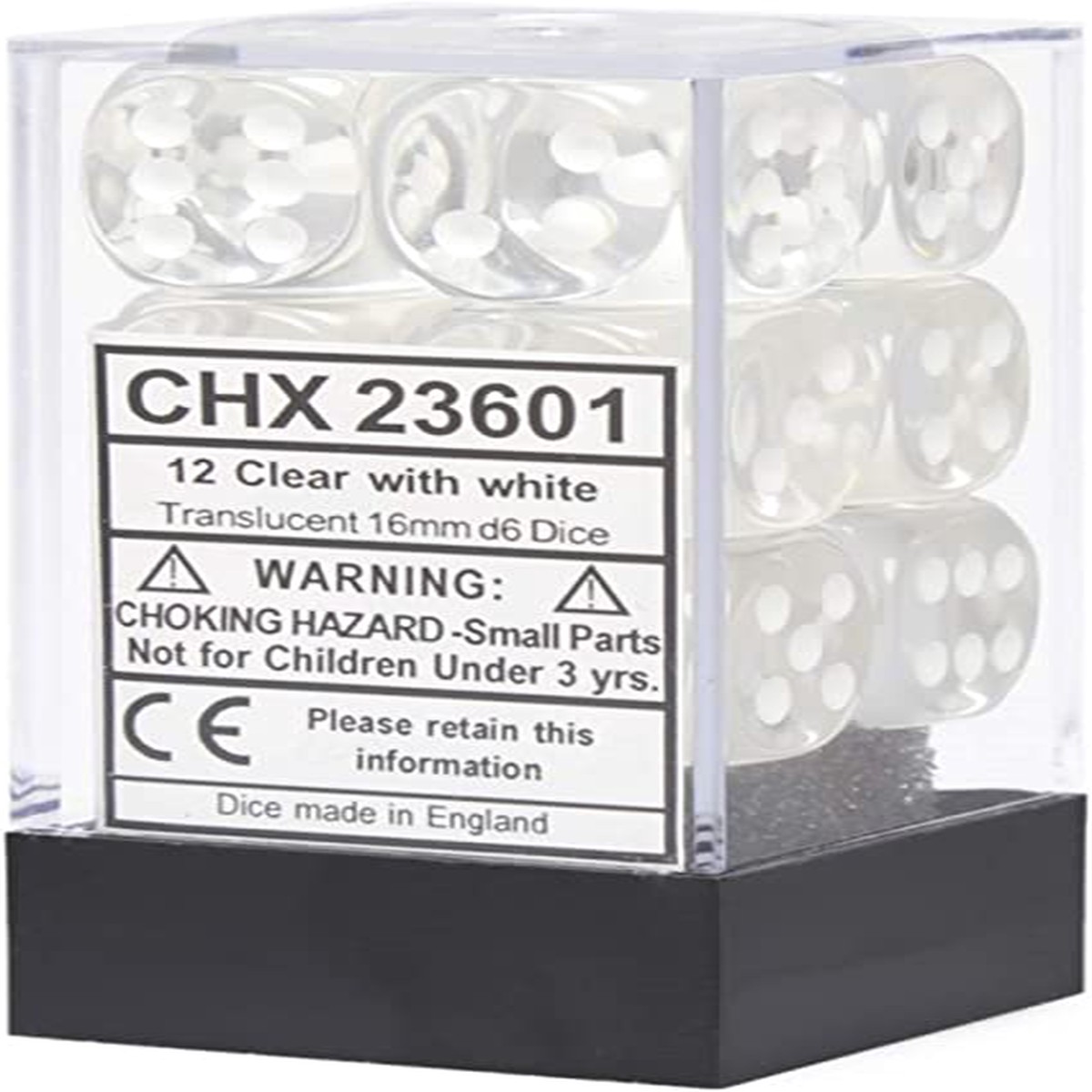 Chessex 16mm Translucent Clear/White 12ct D6 Set (23601)