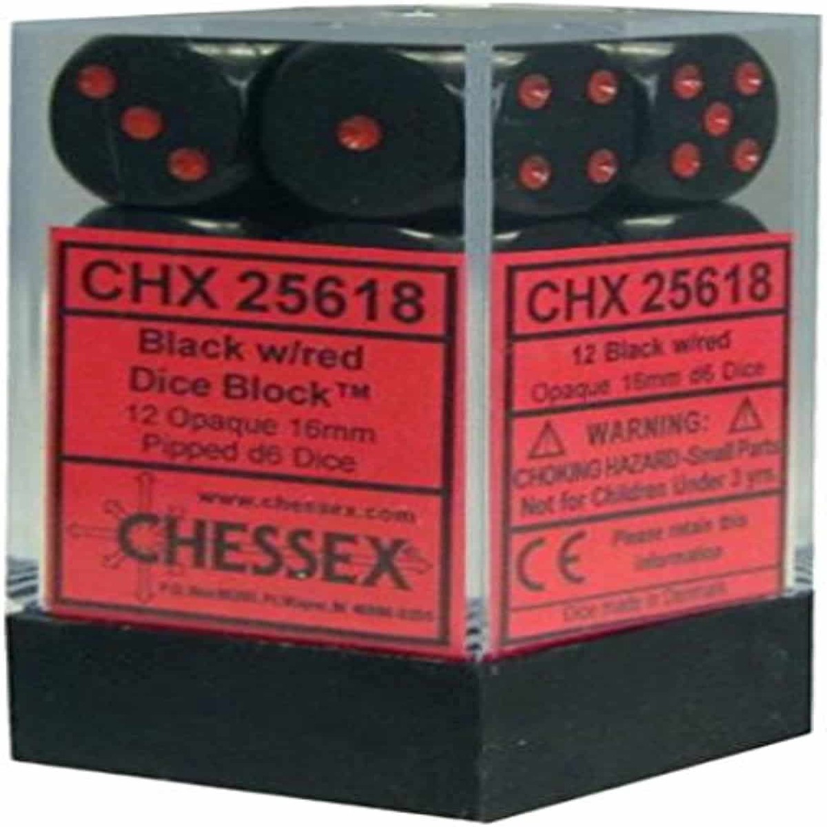 Chessex 16mm Opaque Black/Red 12ct D6 Set (25618)
