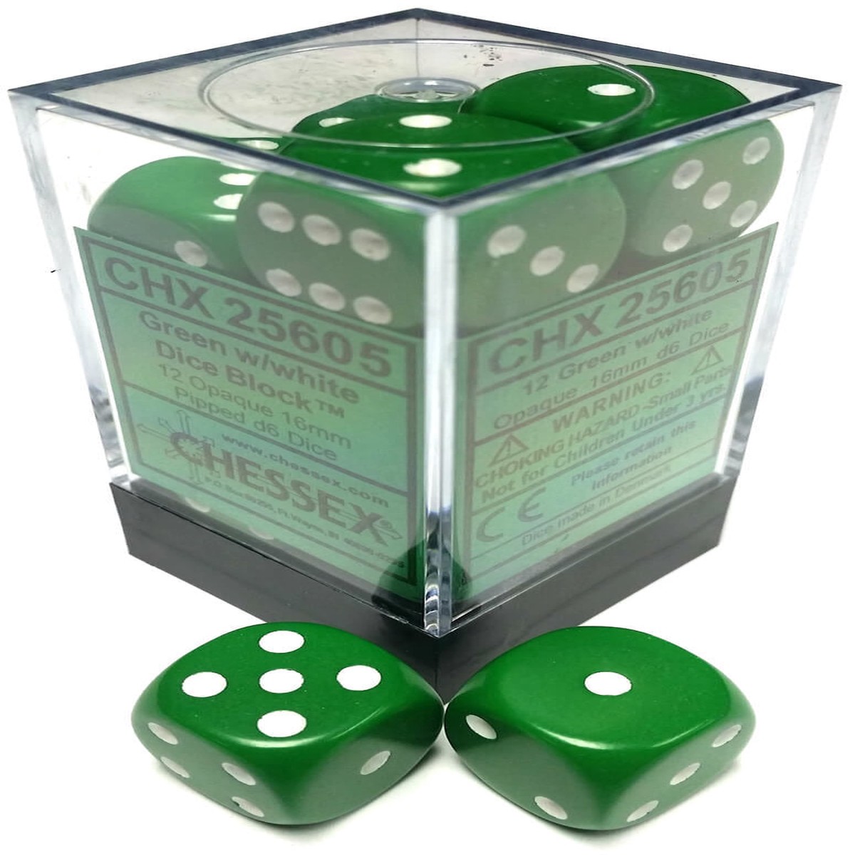 Chessex 16mm Opaque Green/White 12ct D6 Set (25605)