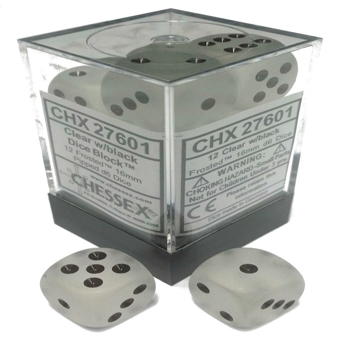 Chessex 16mm Frosted Clear/Black 12ct D6 Set (27601)