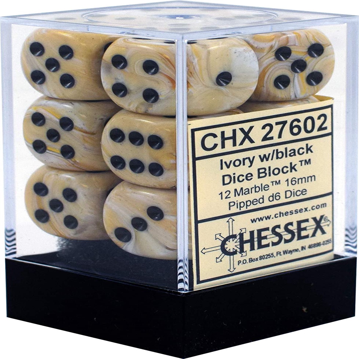 Chessex 16mm Marble Ivory/Black 12ct D6 Set (27602)