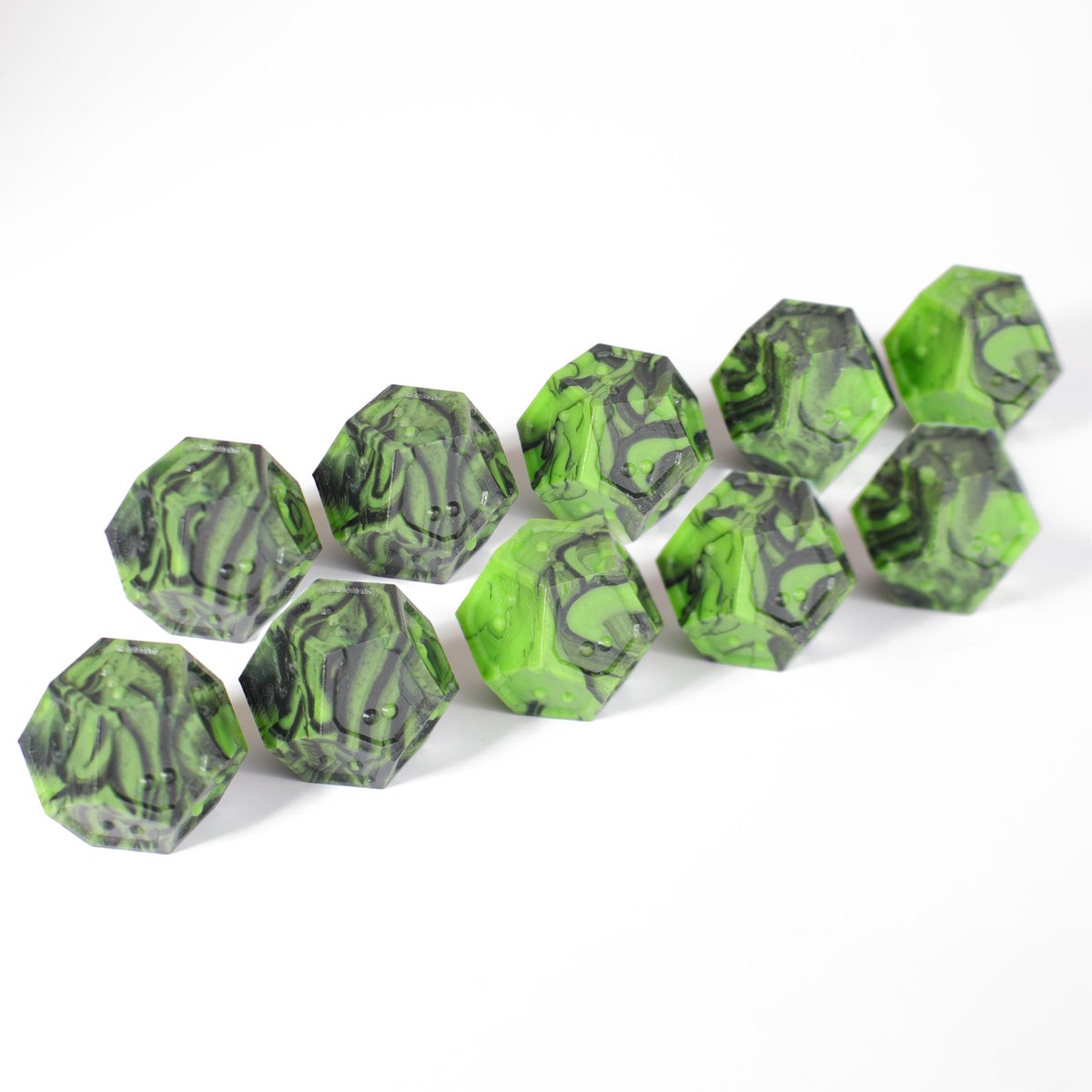 Die Hard Dice 10d12 Set - DOTS Braille Acrylic - Cursed Acid